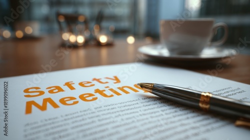 Safety Meeting Document on Wooden Table with Pen and Coffee Cup in Background