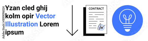 Business agreements, creativity, idea generation, entrepreneurship, legal contracts, innovation. A signed contract next to a light bulb icon. Creativity and business agreement concepts
