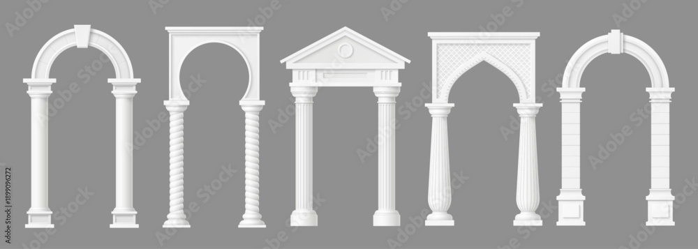 Fototapeta premium Realistic marble stone arch with columns, door archway with pillars. Monumental 3d vector building architecture. Classical antique temple gates or portal frames of historic facade, entrance or doorway