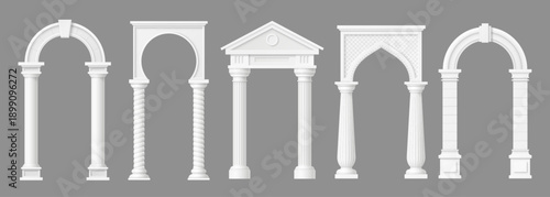 Realistic marble stone arch with columns, door archway with pillars. Monumental 3d vector building architecture. Classical antique temple gates or portal frames of historic facade, entrance or doorway