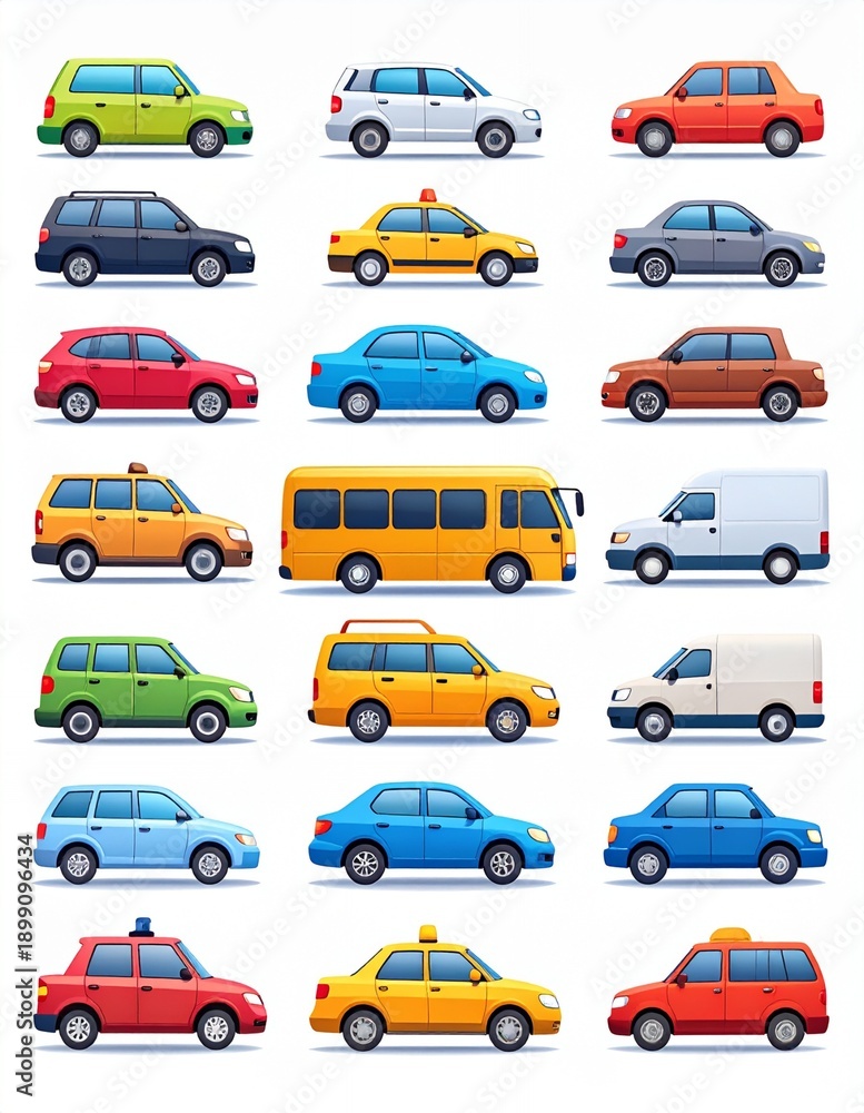 Fototapeta premium Diverse Collection of Cartoon Cars and Vehicles on White Background.