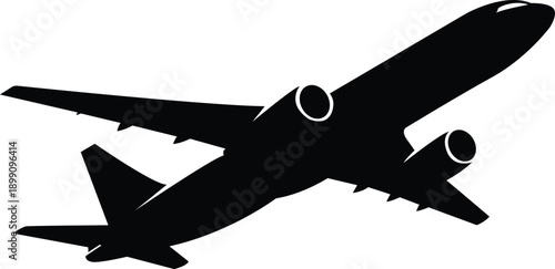 Airplane silhouette taking off at an upward angle, black aircraft jet icon for aviation, commercial flight, and travel design
