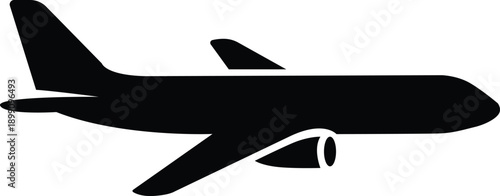 Black airplane silhouette isolated on white background, commercial aircraft icon for travel, aviation, and global logistics design