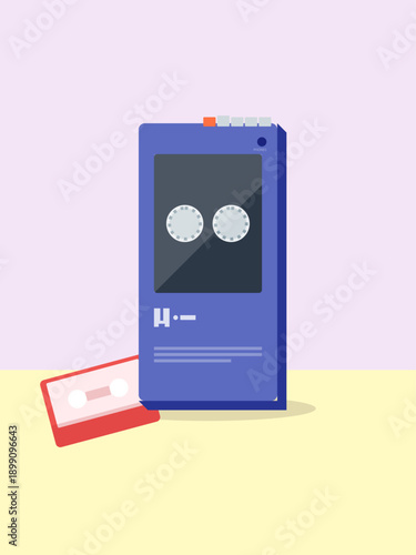 Retro Vintage Blue Cassette Tape Player Walkman Flat Vector Illustration 80s Nostalgic Music Device Old School Analog Audio Design