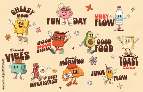 Funky breakfast food and drink y2k groovy stickers with vector slogans. Cheesy mood, fun day, milky flow, toast vibes. Good mood brew, good food, sweet morning. Toast time, best breakfast, juice flow
