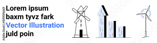 Renewable energy, sustainability, environmental awareness, growth, green energy, wind power. Iconic windmills and bar chart visuals alongside text elements. Renewable energy and sustainability