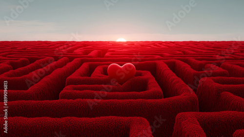 Red velvet hedge labyrinth maze heart love romance sunset challenge symbol evoke passion desire hope journey through complex pathway finding emotional connection within surreal garden landscape
