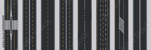 Top view asphalt vector road tiles with single and multi lane, crosswalks and striped traffic zones. Wide highways, standard and intersections street roads for transportation maps, or city planning