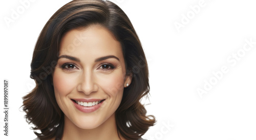 Smiling Woman with Dark Hair and Brown Eyes on Black Background