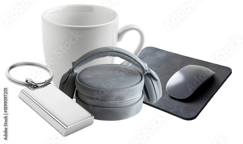 Tableau sur toile collection of promotional merchandise: white mug, grey travel case for headphones, keychain, and mouse pad with mouse