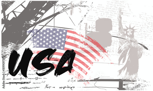 grunge statue of liberty, usa typography, flag brush strokes paint, scratches and lines. Abstract vector illustration. USA flag Brush strokes paint Isolated, grunge brush strokes ink paint.eps
