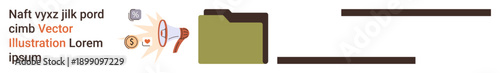 Data analysis, document organization, file management, digital search, data storage, productivity. A folder, magnifying glass, analytics icons a focus on file management and data analysis concepts