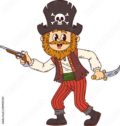 Corsair pirate bandit groovy character. Filibuster funny mascot, corsair bandit vector isolated personage. Cheerful bearded Buccaneer pirate character armed with flintlock pistol and dagger knife