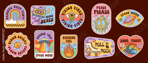 Hippie groovy label stickers, retro patches of vintage psychedelic rainbow, melting eye, UFO and peace symbol. Vector groovy fire, hippie daisy and planet, retro cassette and roller skates stickers