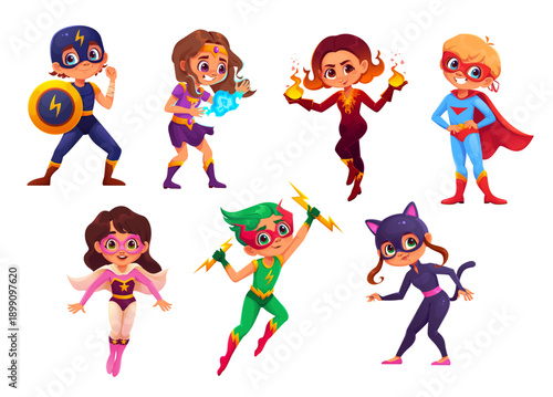 Kids superhero characters. Adorable cartoon vector children dressed as comics defenders, each with a unique costume and superpower. Personages featuring lightning bolts, fire, flight and animal traits