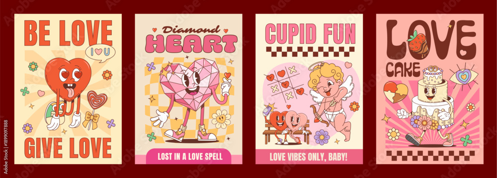 Fototapeta premium Love groovy hippie Valentine characters posters with funky heart and cupid angel, cartoon vector. Valentine day Y2K groovy funny heart in love, wedding cake with happy face and diamond heart character