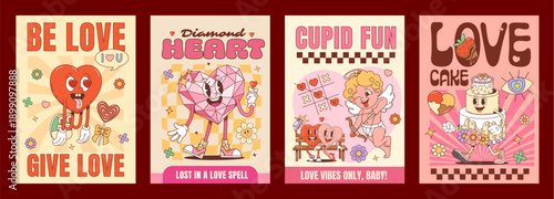 Love groovy hippie Valentine characters posters with funky heart and cupid angel, cartoon vector. Valentine day Y2K groovy funny heart in love, wedding cake with happy face and diamond heart character