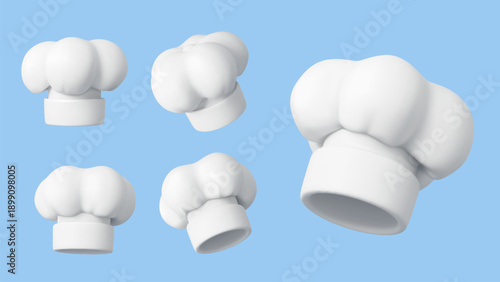 3d chef and baker white toque hats, kitchen cooker cap uniform. Vector set of cook caps, white chef hats and baker toques for kitchen staff, restaurant, cafe catering and culinary uniform headwear