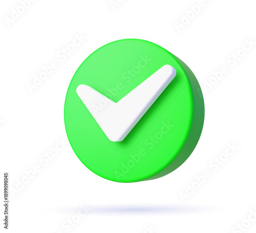 3d check list icon, checklist tick, done mark. Green circle with a white tick. Isolated vector plastic or plasticine checkmark, symbol of selection, confirmation or approval. Yes button for web app