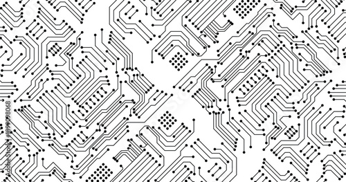 Abstract technology circuit diagram on white background.