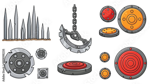 A collection of various metallic and plastic parts and tools with red and orange details on a white background in a flat lay composition.