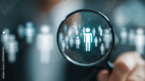 Businessman Holding Magnifying Glass To Search For Human Icons In Digital Network System 