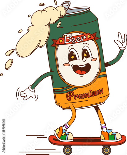 Cartoon groovy hippie beer can drink character. Bar beer or ale funky isolated vector mascot, pub beverage comic character. Beer alcohol drink opened can funny groovy personage riding skateboard