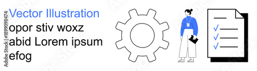 Workflow automation, teamwork, task management, data analysis, project planning, efficiency enhancement. Gear icon, checklist with ticks and woman holding a clipboard. Workflow automation and task