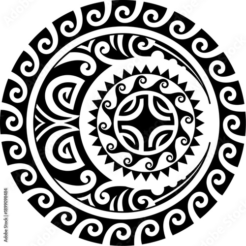 Maori sun medallion tribe graphic black tattoo or symbol. Samoan tribal folk print, New Zealand warrior graphic symbol. Maori ethnic black tattoo