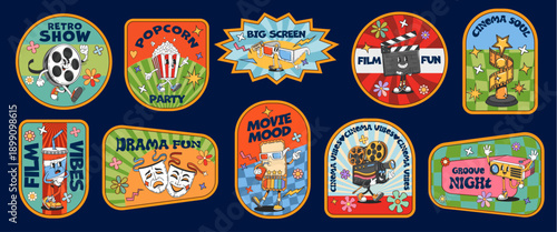 Movie cinema characters hippie groovy label stickers and y2k patches of cartoon cute ticket, 3d glasses, popcorn and soda. Vector retro groovy movie film reel, vintage camera and clapperboard stickers