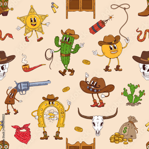 Groovy hippie western characters, wild west vector seamless pattern. Cartoon vector tile background with cactuses in boots, happy revolvers, sheriff stars and animated cowboy hats funky characters