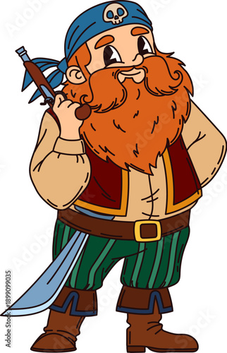 Redhead corsair pirate cartoon adorable character. Corsair captain cheerful mascot, pirate sailor gunner vector personage with big red beard and mustaches, standing with flintlock pistol in hand