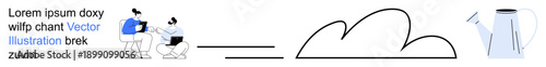 Online collaboration, teamwork, cloud storage, digital media, brainstorming, creativity. Two individuals using a laptop, cloud shape and watering can. Online collaboration and cloud storage idea