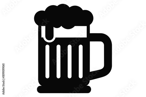 A black silhouette of a beer mug filled with frothy beer on a white background