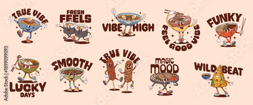 Korean cuisine funny y2k groovy stickers with cartoon asian food characters. Funny noodle soup and rice dish retro y2k vector personage stickers of hippie groovy ramen, corn dog, kimbap sushi rolls
