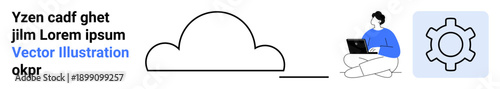 Cloud outline connected to technology, seated user on laptop, and gear symbol. Ideal for IT, workflow, design setup, cloud service, coding, data management and simple landing page