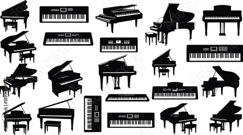 Piano silhouette vector, grand piano illustration, upright piano artwork, electronic keyboard design, musical instrument icon, black white music graphic