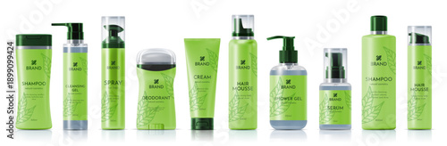 3d realistic cosmetic green bottles, containers package vector mockup. Shampoo, cleansing gel, deodorant, skincare cream, shower gel, serum and hair mousse, pump dispenser, spray cap cosmetics product