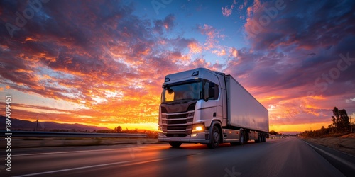 Fast Moving Delivery Truck on Open Highway at Sunset with Beautiful Cloudy Sky and Vibrant Colors in Background