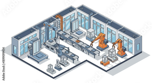 Isometric view of a modern automated factory production line with robotic arms and machinery.