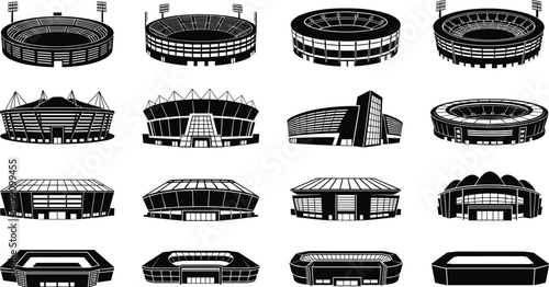 Stadium silhouette vector, sports arena illustration, architectural design icon, modern stadium artwork, football venue graphic, black white infrastructure drawing