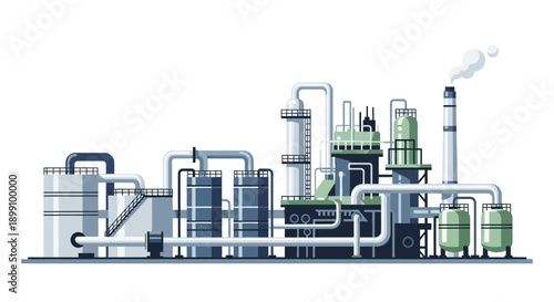 A detailed illustration of an industrial complex with various tanks, pipes, and a smoking chimney, representing a manufacturing plant.