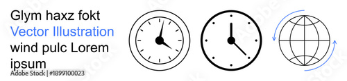 Time management, global concept, scheduling, universal timelines, clock mechanisms, international time zones. Two clock faces and a rotating globe icon. Time management and global concept