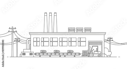 A black and white line drawing of a factory with a conveyor belt and a forklift loading goods.