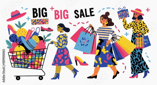 shopping bags with woman Shopping Sale Vector Illustration Woman Carrying Bags Modern Hand Drawn Big Discount Retail Poster