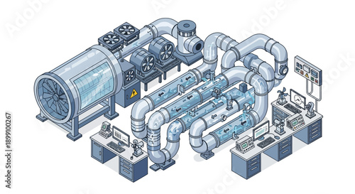 Isometric illustration of a complex industrial wind tunnel facility with advanced control systems and monitoring stations.