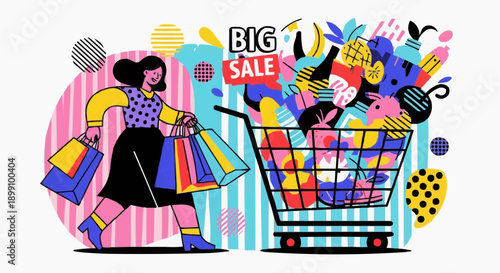 happy birthday party Shopping Sale Vector Illustration Woman Carrying Bags Modern Hand Drawn Big Discount Retail Poster