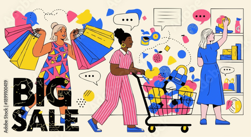 vector illustration of a happy birthday card Shopping Sale Vector Illustration Woman Carrying Bags Modern Hand Drawn Big Discount Retail Poster