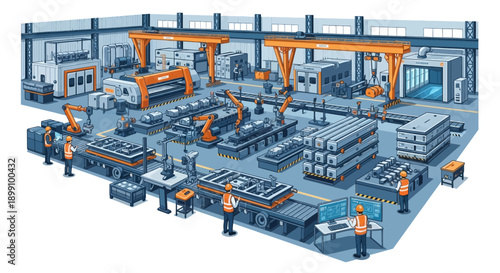 A comprehensive illustration of a modern, automated manufacturing facility showcasing advanced machinery, robotic arms, and efficient workflow.