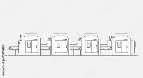 Automated industrial production line with multiple interconnected processing units and conveyor belts for manufacturing.